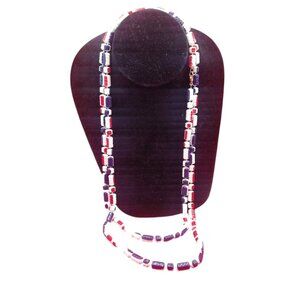 Vintage Red /White/Blue Beaded 56"Strand Necklace W/Barrel Beads Gold-Tone Clasp